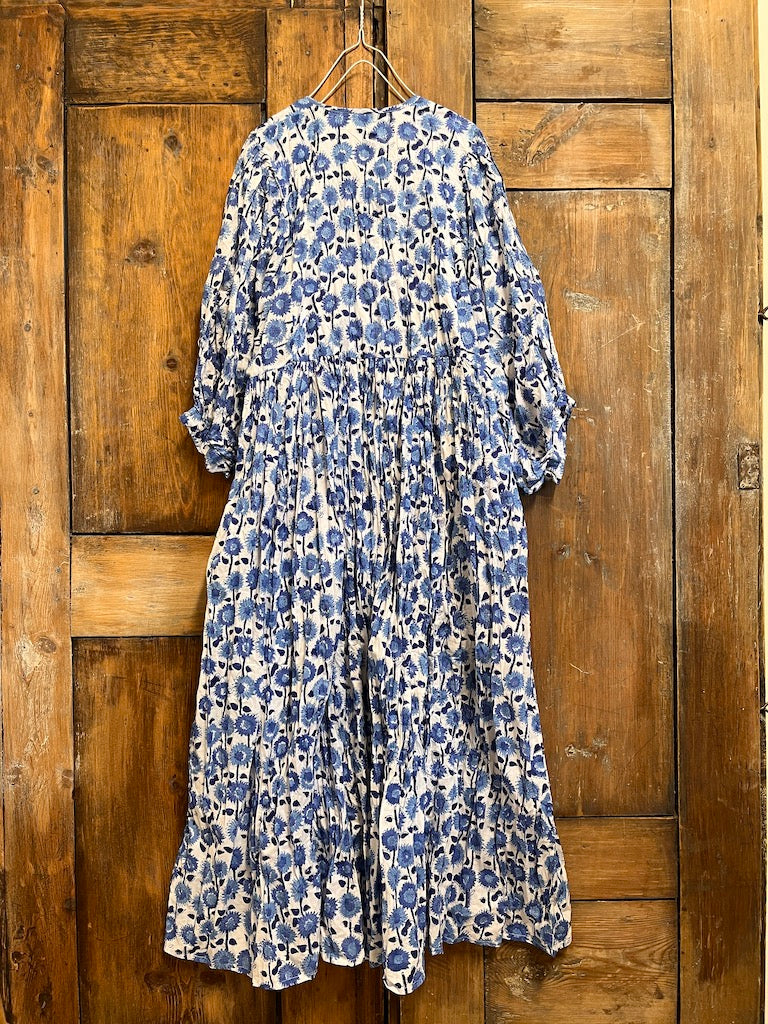 Bitkisel Boya İndigo Çicekli Elbise