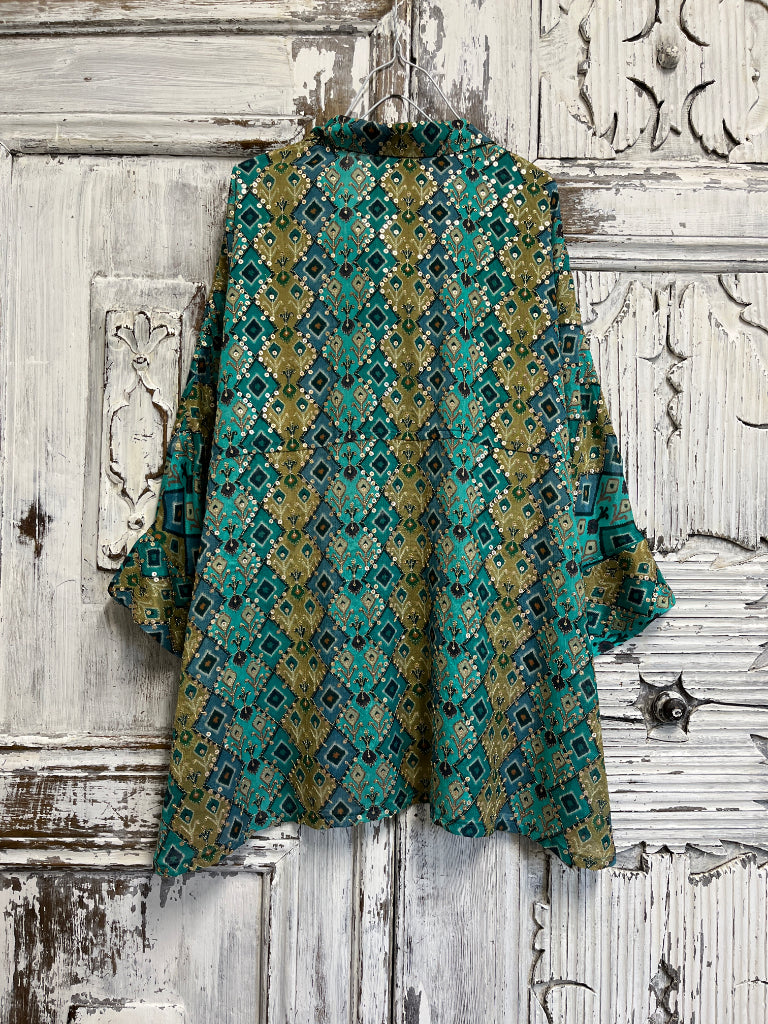 ikat desenli el işi süslemeli bluz