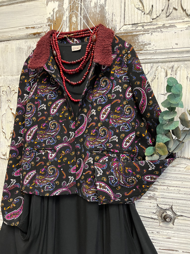 paisley desenli yakası örgü ceket