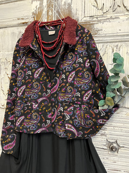 paisley desenli yakası örgü ceket