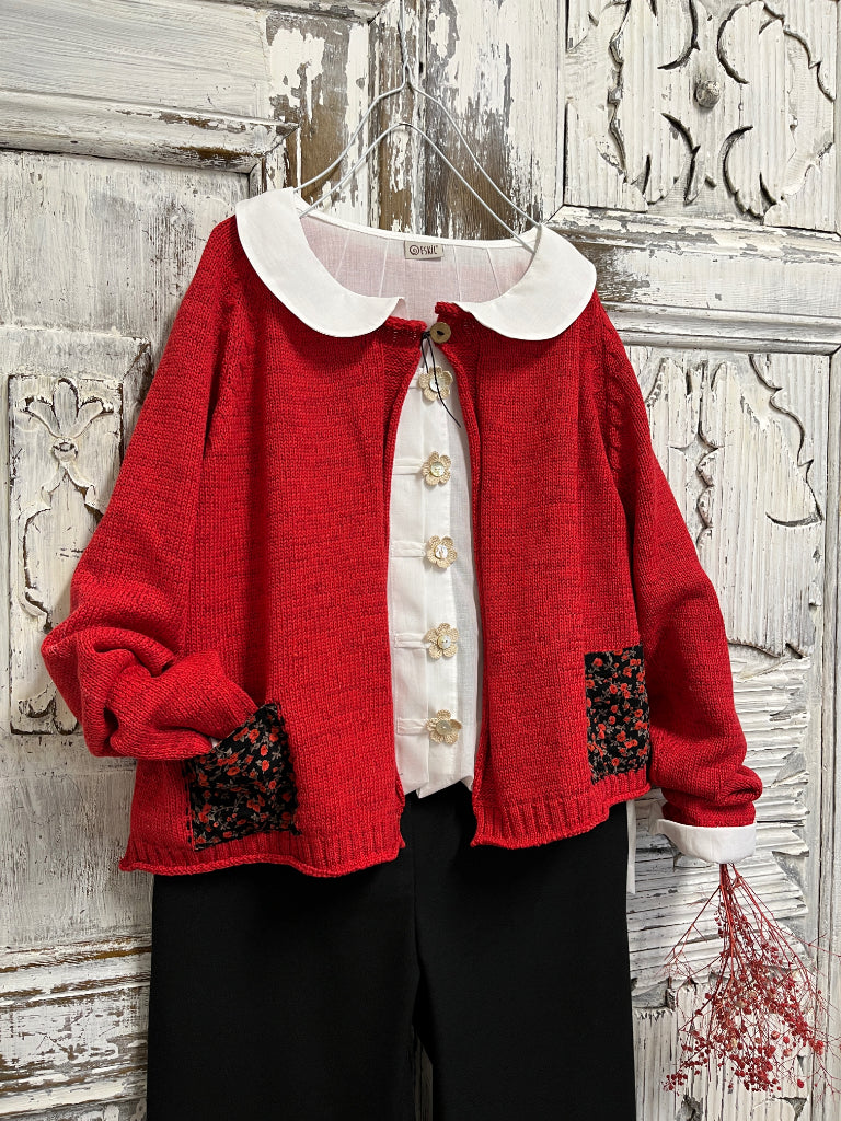 kırmızı mini hırka cepleri farklı kumaş 