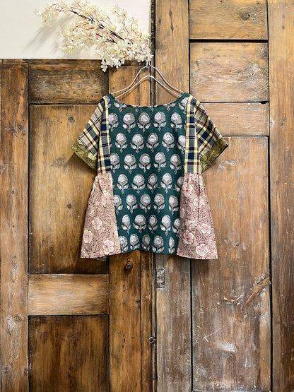 desenli patchwork kısa kollu bluz