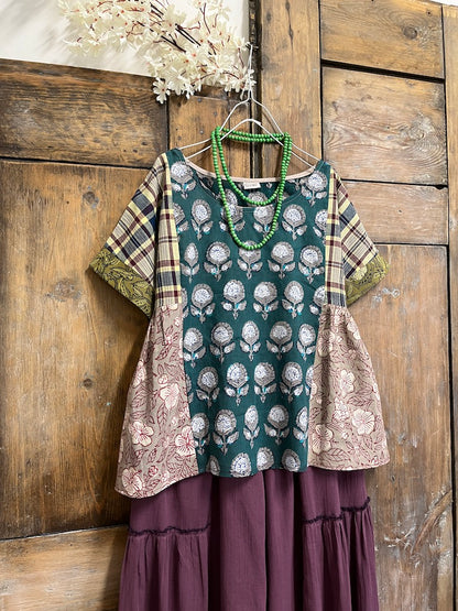 desenli patchwork kısa kollu bluz