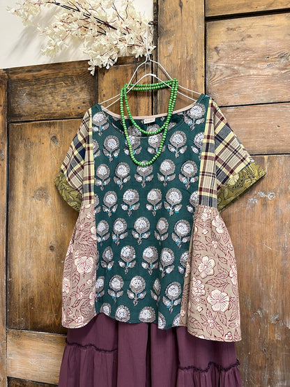 desenli patchwork kısa kollu bluz