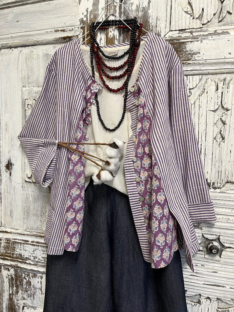 çizgili el dokuma ve el baskı desen bluz 