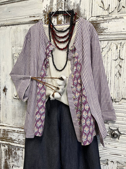 çizgili el dokuma ve el baskı desen bluz 