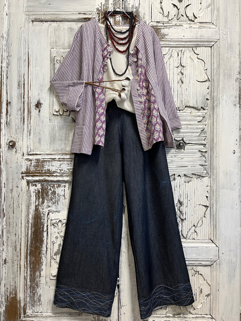 çizgili el dokuma ve el baskı desen bluz 