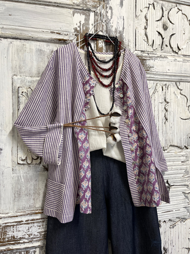 çizgili el dokuma ve el baskı desen bluz 