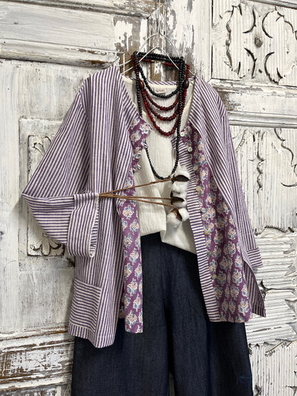 çizgili el dokuma ve el baskı desen bluz 