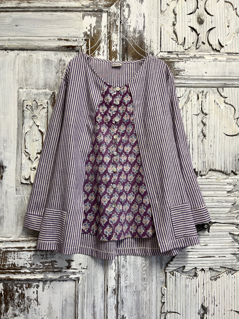 çizgili el dokuma ve el baskı desen bluz 