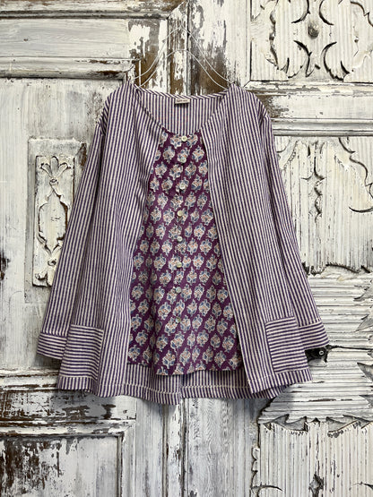 çizgili el dokuma ve el baskı desen bluz 