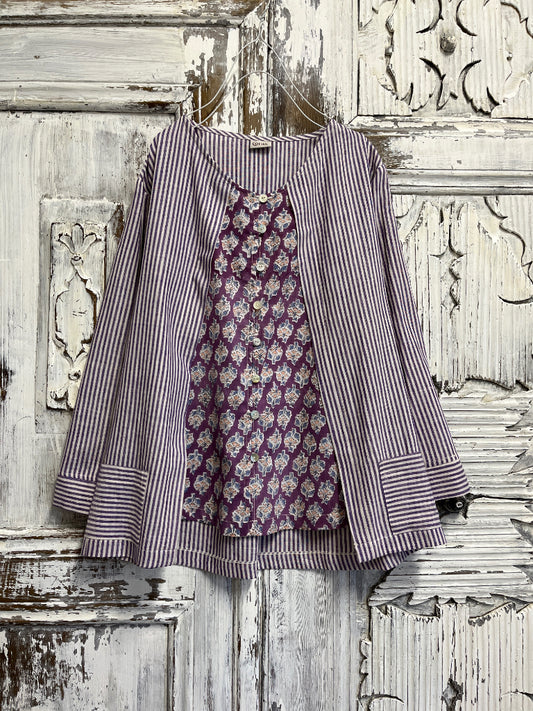 çizgili el dokuma ve el baskı desen bluz 