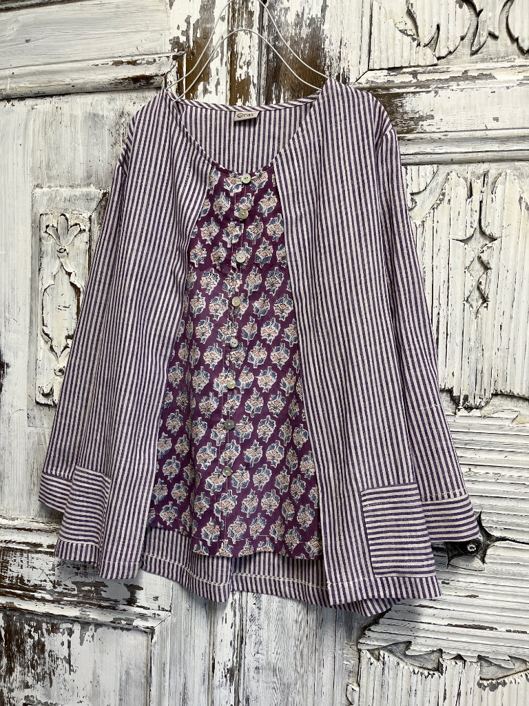 çizgili el dokuma ve el baskı desen bluz 