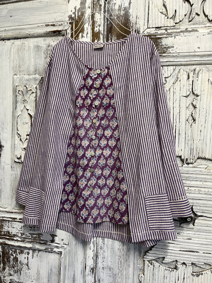 çizgili el dokuma ve el baskı desen bluz 