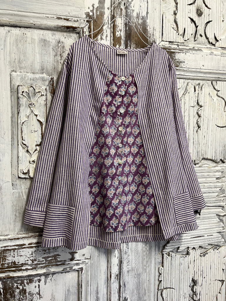 çizgili el dokuma ve el baskı desen bluz 