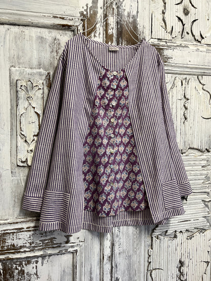 çizgili el dokuma ve el baskı desen bluz 