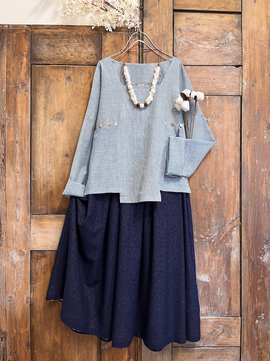 çizgili el dokuma pamuklu kare yaka bluz