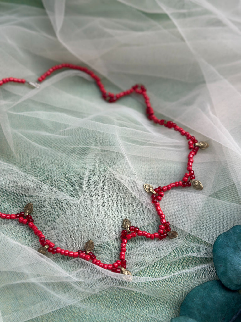 kırmızı damla antika parçalı kolye