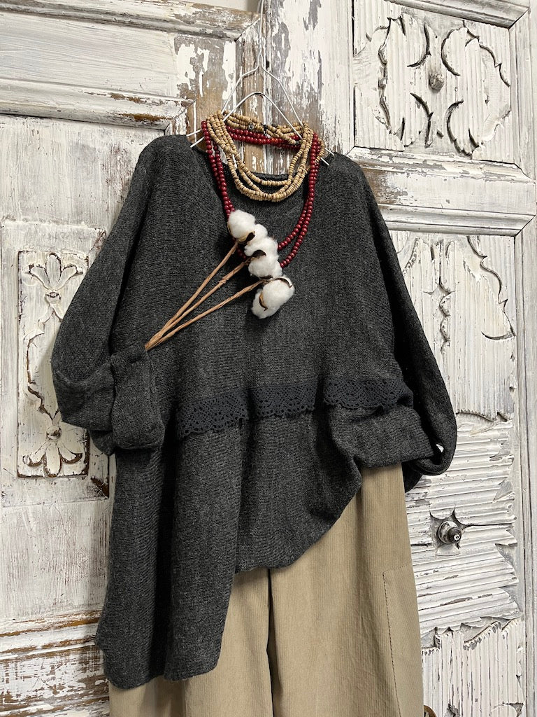 Dantel detay moher gri triko