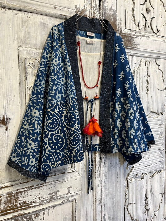 indigo el baskı kimono ceket