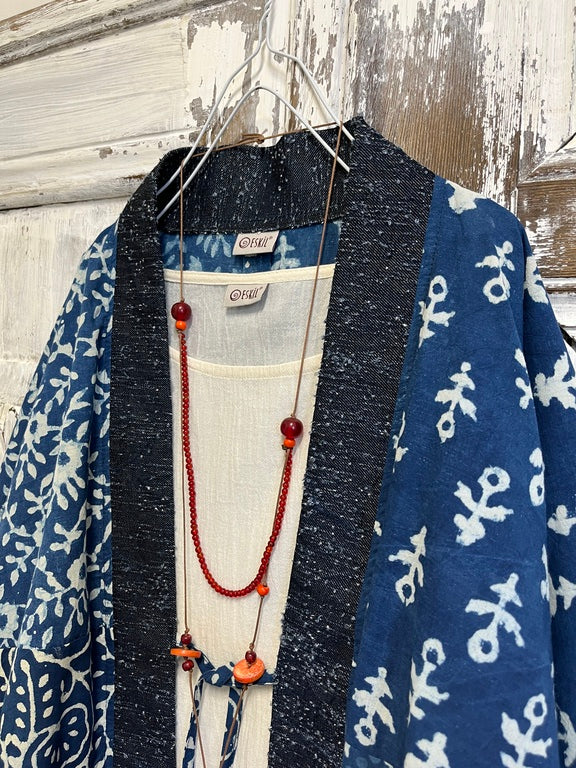 indigo el baskı kimono ceket