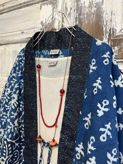 indigo el baskı kimono ceket