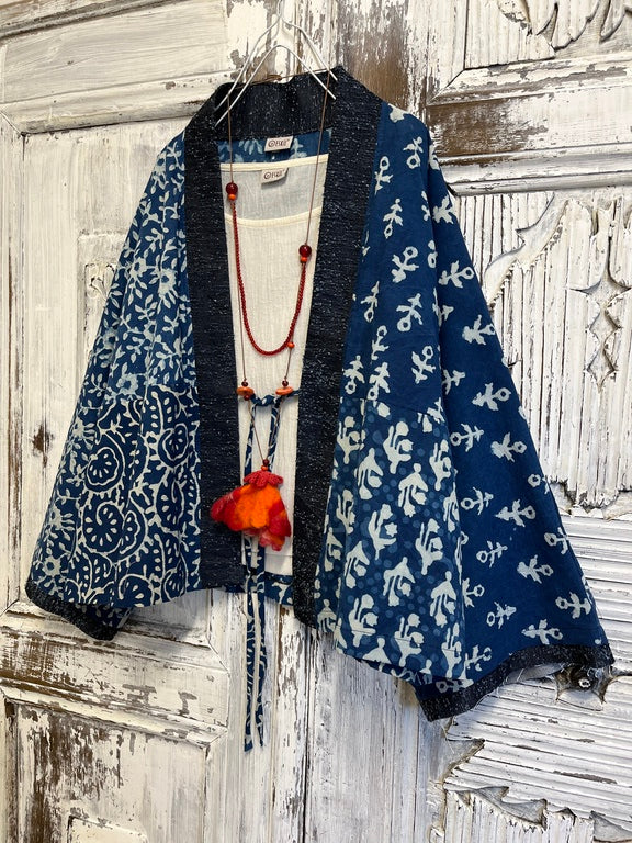 indigo el baskı kimono ceket