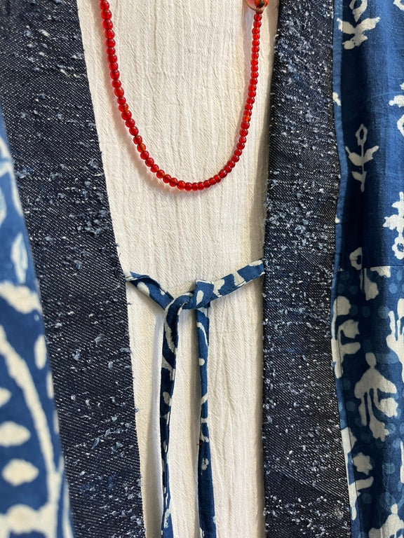 indigo el baskı kimono ceket