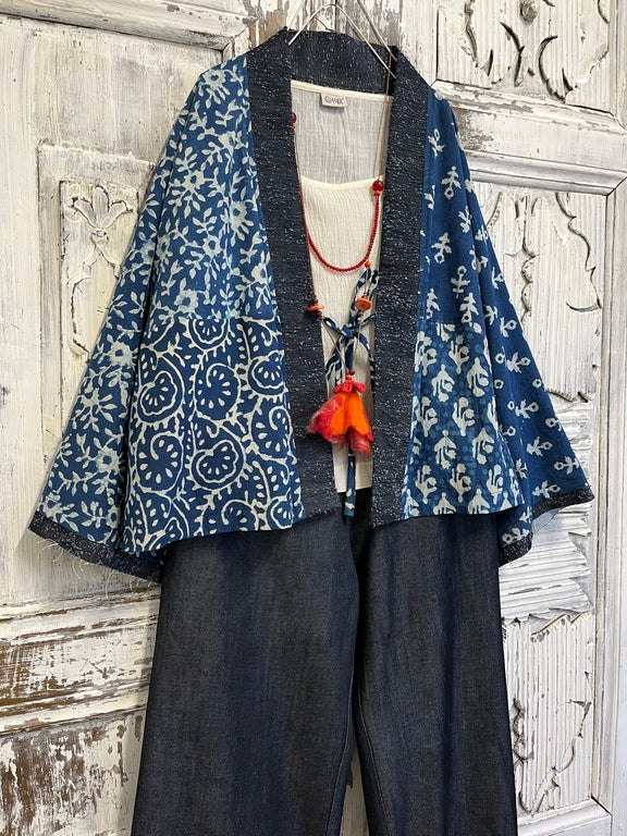 indigo el baskı kimono ceket