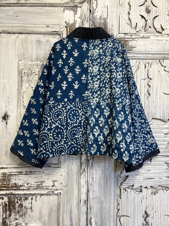 indigo el baskı kimono ceket