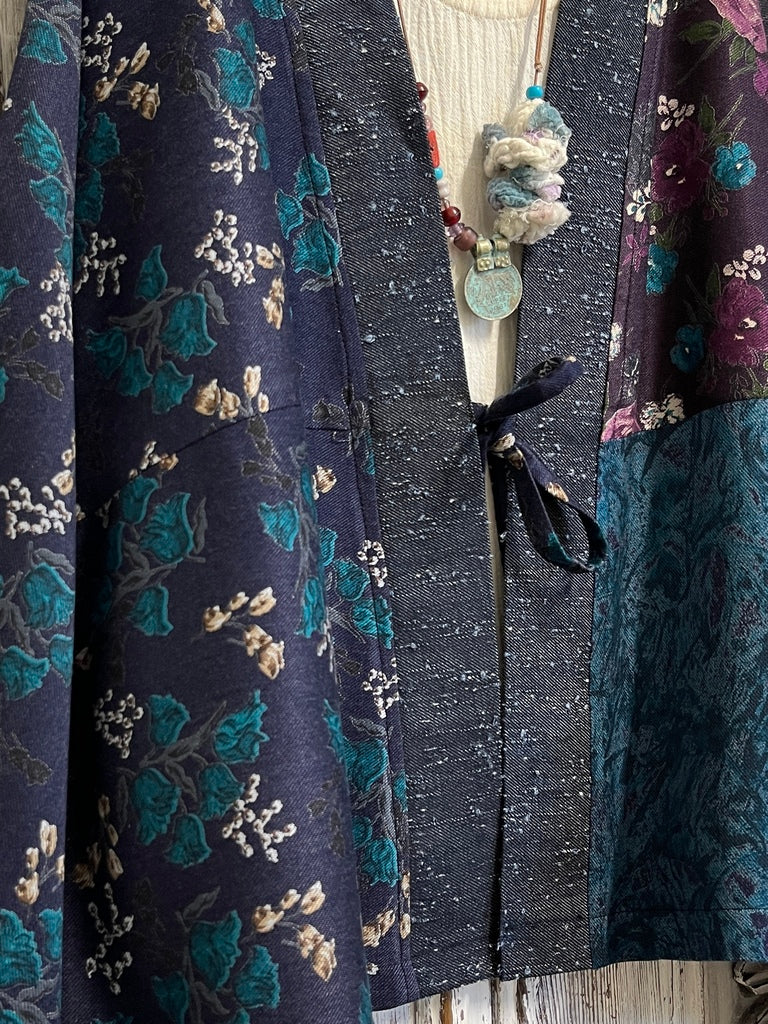kışlık kimono ceket denim kumaş parçalı 
