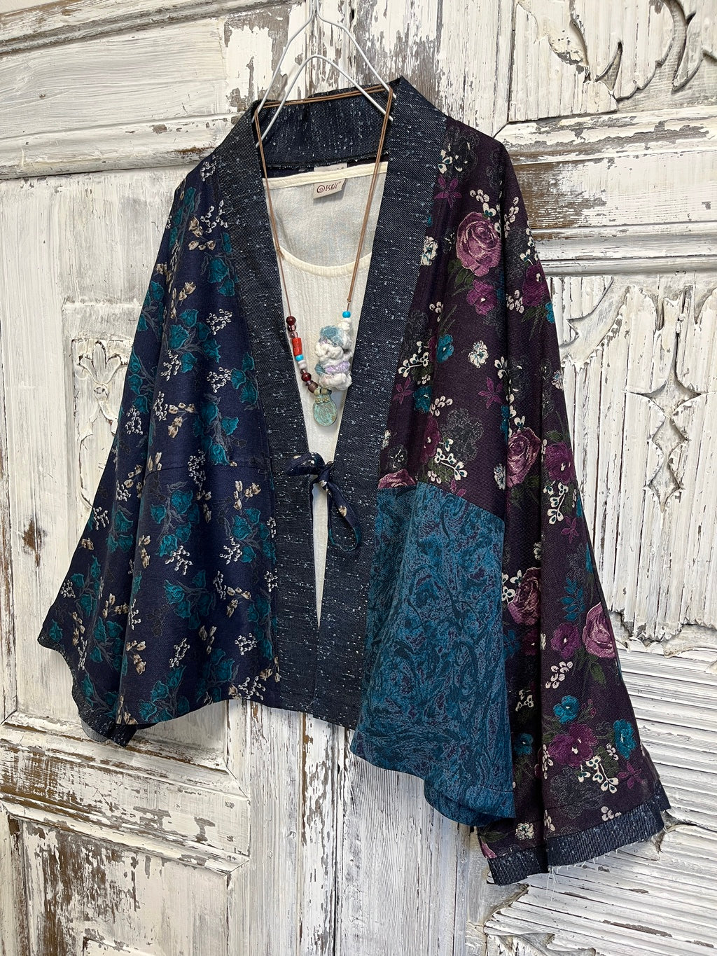 kışlık kimono ceket denim kumaş parçalı 