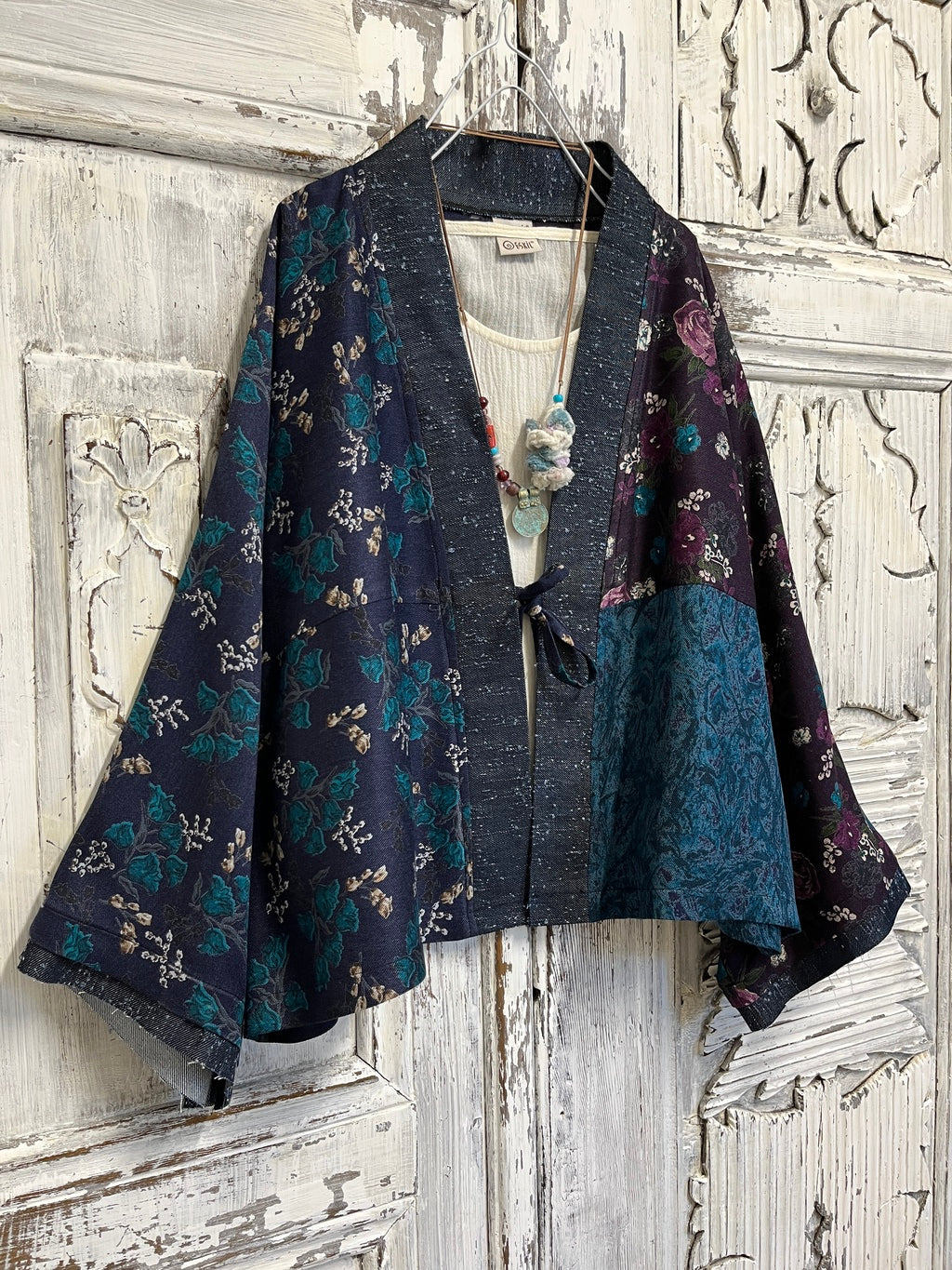 kışlık kimono ceket denim kumaş parçalı 