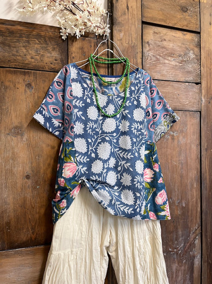 el baskı kumaş tasarım kısa kollu bluz