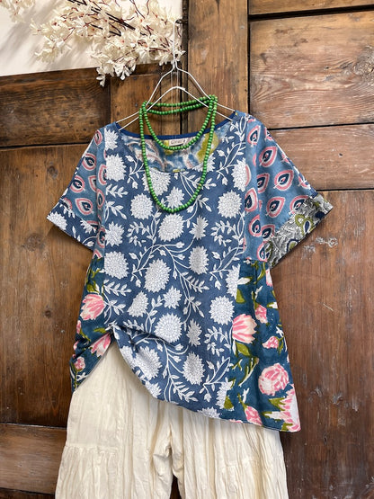 el baskı kumaş tasarım kısa kollu bluz