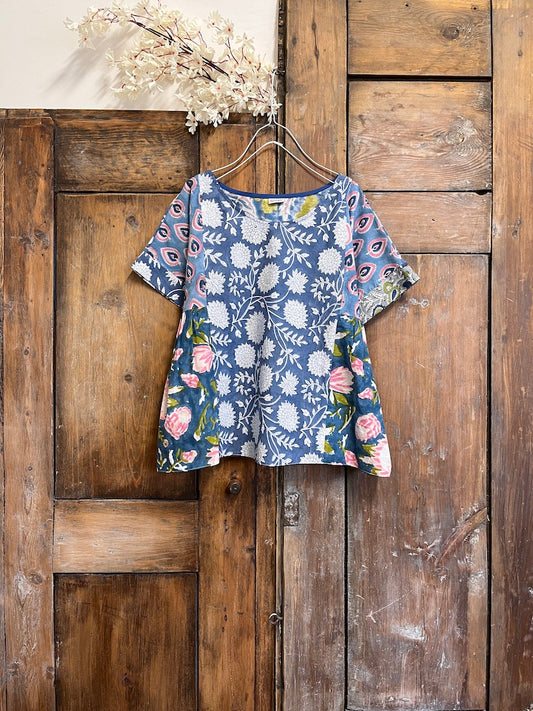 el baskı kumaş tasarım kısa kollu bluz