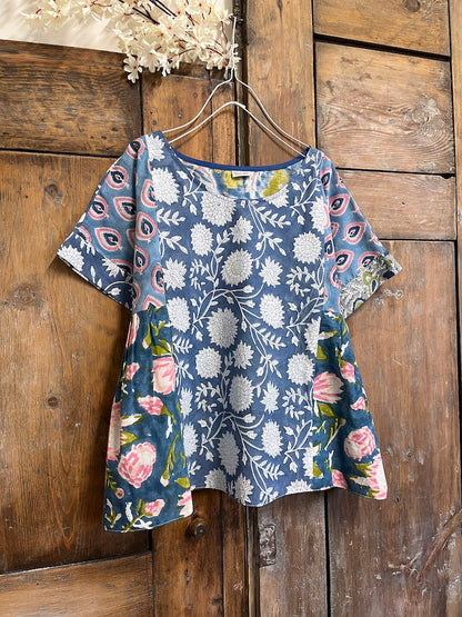 el baskı kumaş tasarım kısa kollu bluz