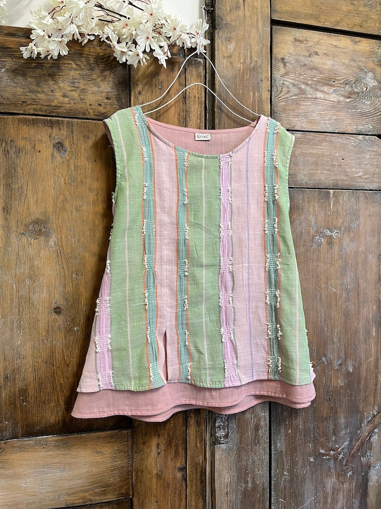 pamuklu el dokuma pembe yeşil kolsuz bluz