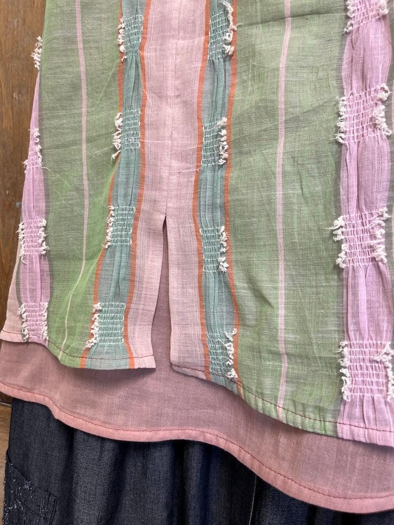 pamuklu el dokuma pembe yeşil kolsuz bluz
