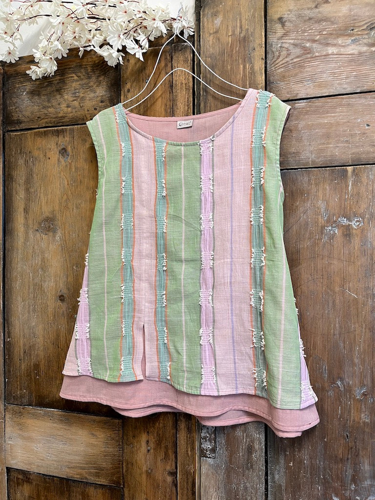 pamuklu el dokuma pembe yeşil kolsuz bluz