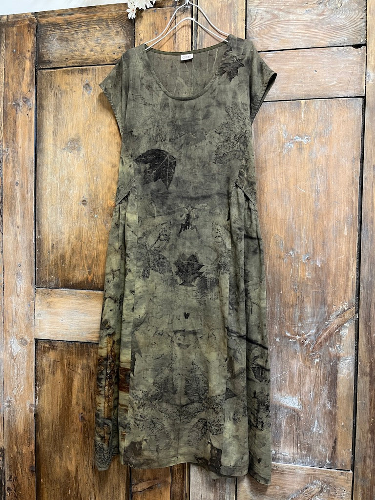 pamuklu eco print kısa kollu elbise