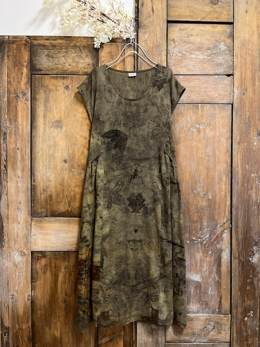 pamuklu eco print kısa kollu elbise