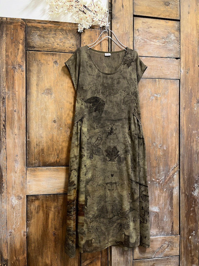 pamuklu eco print kısa kollu elbise