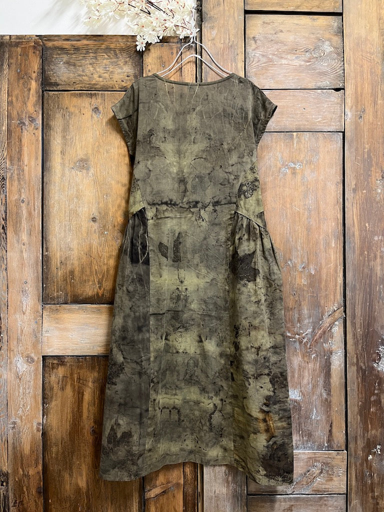 pamuklu eco print kısa kollu elbise