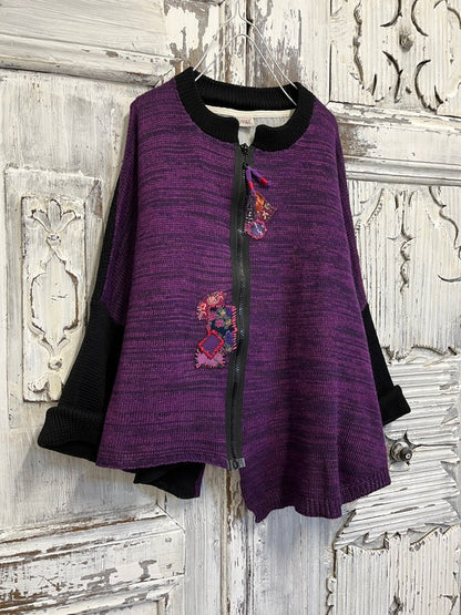 fermuarlı mor patchwork süslemeli hırka