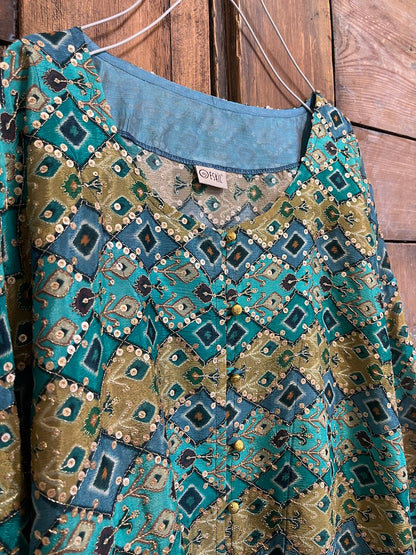 ipek şifon mavi ikat desen bluz