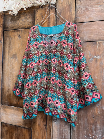 ipek şifon pembe ikat desen bluz