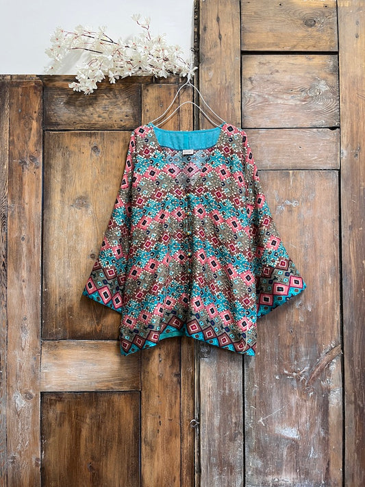 ipek şifon pembe ikat desen bluz