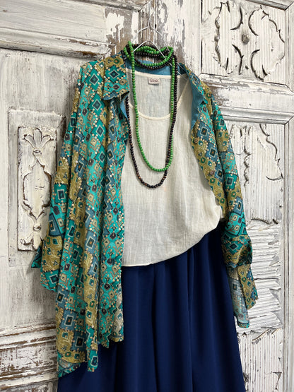 ikat desenli el işi süslemeli bluz