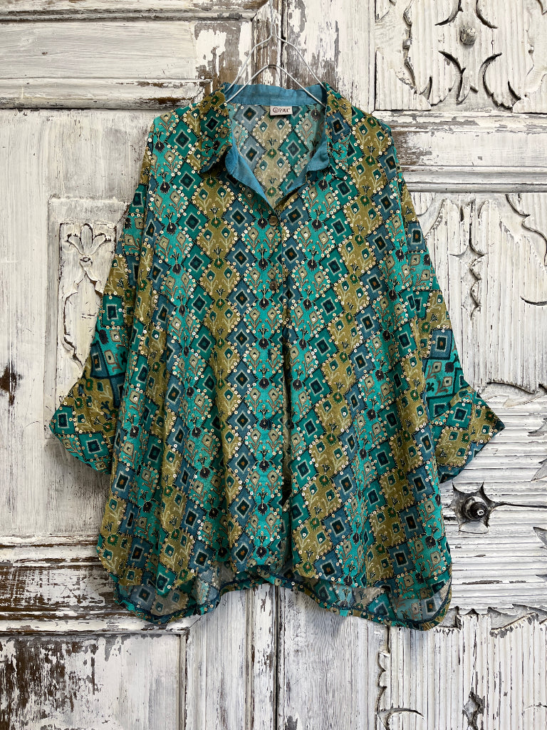 ikat desenli el işi süslemeli bluz